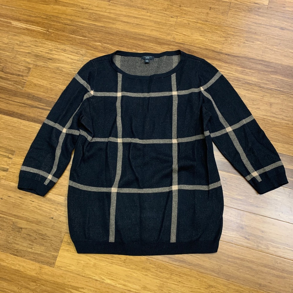 Ann Taylor Sweater Womens‎ Size Medium Petite Plaid 3/4 Sleeve Cotton Top Black
